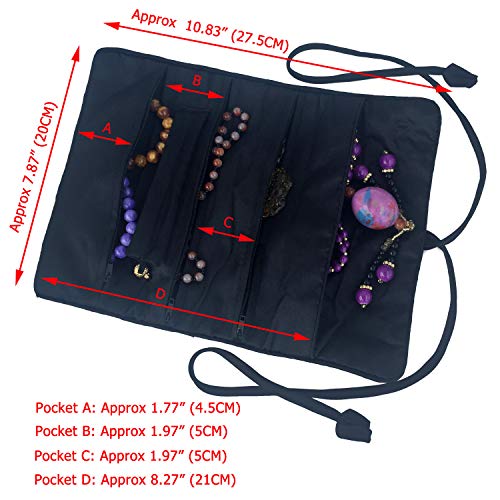 Travel Jewelry Roll Bag - Silk Embroidered Brocade Pouch for Rings, Necklaces, Earrings, Bracelets | Lightweight & Tie Closure (Black) - color: Black