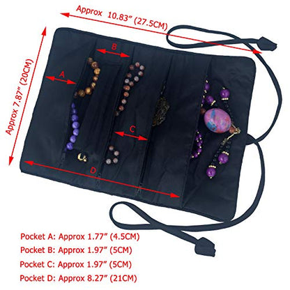 Travel Jewelry Roll Bag - Silk Embroidered Brocade Pouch for Rings, Necklaces, Earrings, Bracelets | Lightweight & Tie Closure (Black) - color: Black