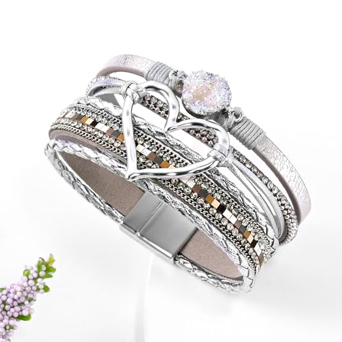 VIBILIA Boho Leather Wrap Bracelets for Women Multi-Layer Bracelets | With Strong Clasp Jewelry for Women - color: 01-Heart-Silver