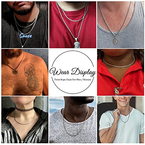 Twist Chain Necklace - Stainless Steel Rope Jewelry for Men & Women - size: 34 Inches, style: 3 mm Wide