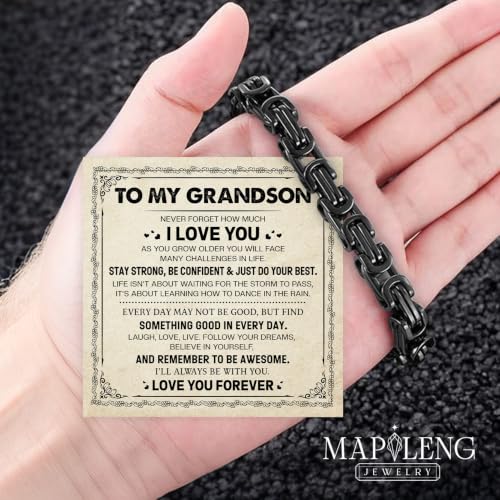 Grandson Gifts from Grandma Grandpa, Black Stainless Steel Bracelet with Meaningful Message Card, Birthday Gift for Grandson, Graduation Christmas Gift, Inspirational Keepsake Jewelry for Men - color: Grandson #6
