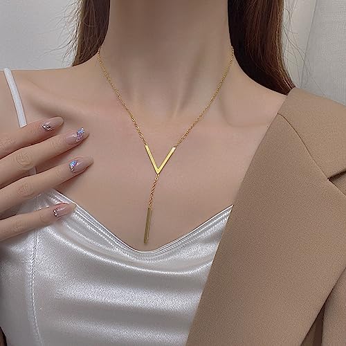 Simple Gold Bar Necklace for Women,Dainty Long Chain Lariat Necklaces Trendy Silver Statement Y Necklace,Charm Everyday Jewelry Accessories Gifts - color: Gold
