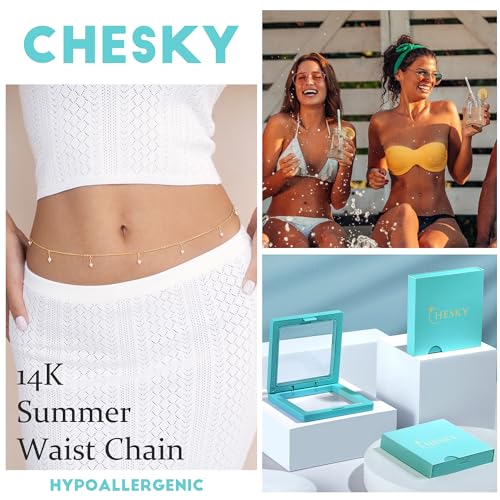CHESKY 14K Gold Plated Waist Chain for Women, Layered Waist Beads | Silver Plated Gold Body Chains, Beach Summer, Waterproof Snake Belly Belt Chain, Festival Jewelry Accessories for Women - style: pearl-gd
