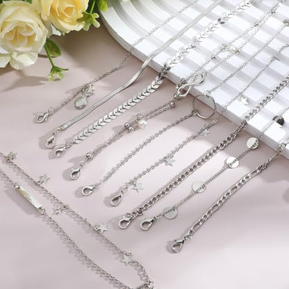 12pcs Gold/Silver Ankle Bracelets for Women Layered Waterproof 14k Cuban Link Chain Anklets Set Adjustable Dainty Summer Beach Gold Accessories Boho Bracelet Jewelry - style: 10PCS Style C