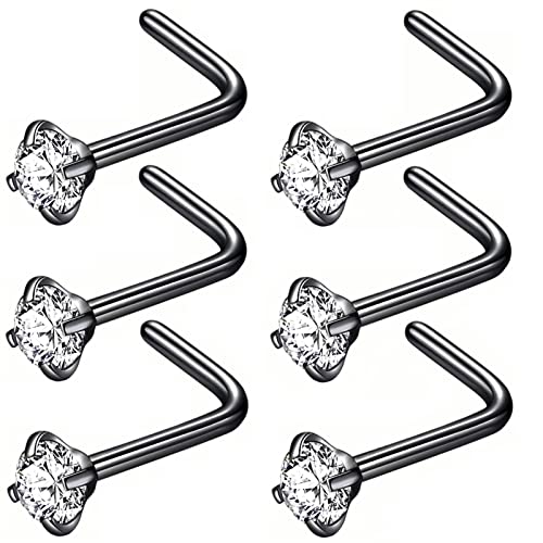 316L Surgical Steel 22g/20g/18g Nose Rings Studs L-Shape Nose Nostrial Piercing Body Jewerly L Shaped Nose Studs 1.5mm 2mm 2.5mm 3mm CZ Nose Screw Studs Rings for Women - style: 6pcs/L-shape/18g/2.5mm Clear CZ/Black