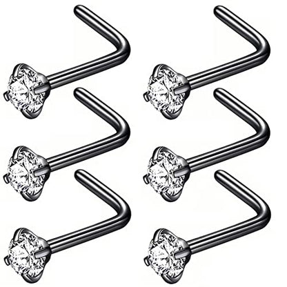 316L Surgical Steel 22g/20g/18g Nose Rings Studs L-Shape Nose Nostrial Piercing Body Jewerly L Shaped Nose Studs 1.5mm 2mm 2.5mm 3mm CZ Nose Screw Studs Rings for Women - style: 6pcs/L-shape/18g/2.5mm Clear CZ/Black