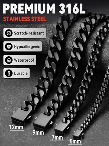 FaithHeart Cuban Link Bracelet for Men, Silver/Black/14K Gold Plated Stainless Steel Wrist Link Hip Hop Chain Bracelets, 5mm/7mm/9mm/12mm Width, 7.5"/8.3"/9" Length, with Gift Box - color: Black-05mm Width, size: Length 9.0 Inches