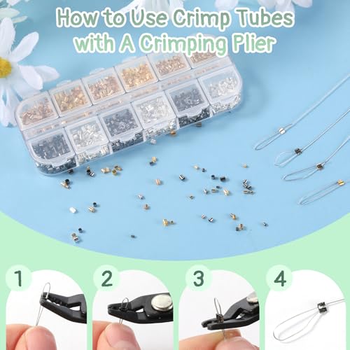 2200 Pieces Crimping Beads for Jewelry Making, Metal Crimp Tubes Tube Crimp Beads Jewelry Repair Kit with Crimping Pliers, Elastic Bracelet String and Bracelet Beading Wire for Necklaces Earring