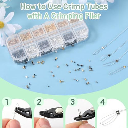 2200 Pieces Crimping Beads for Jewelry Making, Metal Crimp Tubes Tube Crimp Beads Jewelry Repair Kit with Crimping Pliers, Elastic Bracelet String and Bracelet Beading Wire for Necklaces Earring