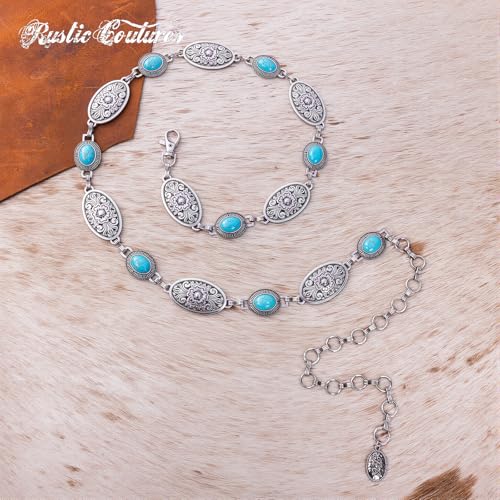 Montana West Rustic Couture's Turquoise Western Concho Chain Belt for Women | Large Western Cowgirl Metal Adjustable Boho Body Chain Belt for Dresses Jeans Country Concert - color: Amazon Jade Turquoise