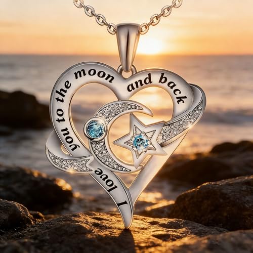 Yocoyee I Love You to the Moon and Back Heart shape Pendant Necklace Moon Star Charms Crystal Love Necklace for Women - style: AA