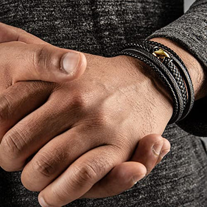 SERASAR Premium Leather Bracelet Men | Stainless Steel Magnetic Clasp | Three Colors | Jewelry Box Included - color: Gold, size: 17cm, style: Flake