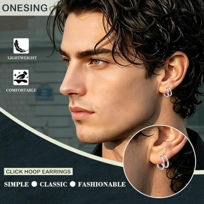 ONESING 10 Pairs Mens Hoop Earrings Stainless Steel Silver/Black Mens Earrings Hoop Hypoallergenic Huggie Hoop Earrings for Men Women Multiple Piercings 8mm/10mm/12mm/14mm/16mm - color: Silver/Black