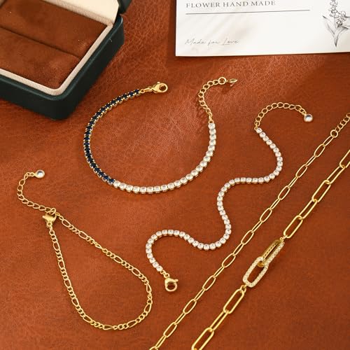 MFRYK Gold/Silver Bracelets For Women,Trendy 14k Gold/Silver Plated lightweight Dainty Chunky Thin Cuban Link Paperclip Chain Tennis Bangle Bracelets Stack Set,Ring Hand Chain Bracelet,Gold Jewelry Gift For Women Fashion Accessories - style: 5Pcs tennis p