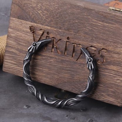 Raven Torc Bracelet for Men Norse Viking Raven Bangle Adjustable Stainless Steel Twisted Viking Jewelry - color: Black