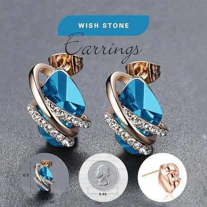 Gifts for Women, Wish Stone Stud Earrings with Birthstone Crystals, 18K Rose Gold Plated or Silver-tone - color: 112-December Birthstone-Zircon Blue-Rose Gold Plated