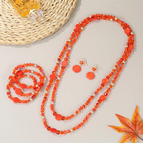 Trendy Infinity Wrap 60’’ Long Statement Necklace, Earrings and Bracelet Set - Hand Knotted Versatile Crystal and Shell Beads Strand Necklace and Chunky Beaded Stretch Bracelet Stack – Jewelry Set Gift for Women - color: Orange