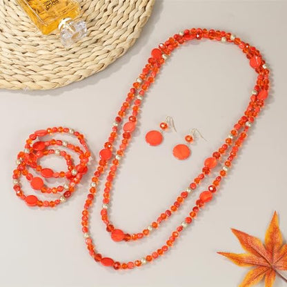 Trendy Infinity Wrap 60’’ Long Statement Necklace, Earrings and Bracelet Set - Hand Knotted Versatile Crystal and Shell Beads Strand Necklace and Chunky Beaded Stretch Bracelet Stack – Jewelry Set Gift for Women - color: Orange