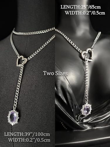 Women's Heart O-Ring Slip Chain Necklace, Double Layered Adjustable 39'' Cuban Chain with Detachable Heart Clasp and Colorful Rhinestone Pendant - color: 39'' Silver-Amethyst Purple