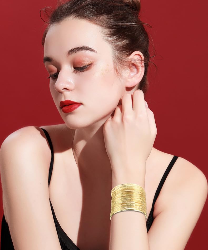 2Pcs Cuff Bangle Bracelet for Women Open Wide Wire Bracelets Gold Wrist Cuff Wrap Bracelet Adjustable - color: Gold4