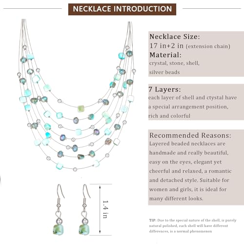 Multi-Layer Boho Shell Beaded Necklace for Women Colorful Crystal Strand with Silver Beads Statement Collars Necklace and Earrings Costumes Jewelry Sets for Women - color: Turquoise