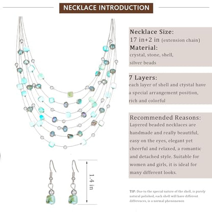 Multi-Layer Boho Shell Beaded Necklace for Women Colorful Crystal Strand with Silver Beads Statement Collars Necklace and Earrings Costumes Jewelry Sets for Women - color: Turquoise