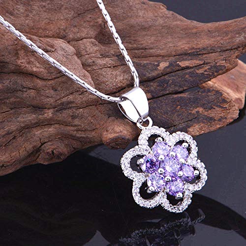 Uloveido Women's Platinum Plated Cubic Zirconia Flower Pendant Necklace Hoop Earrings and Rings Set Crystal Wedding Jewelry T489 - color: Purple