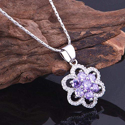 Uloveido Women's Platinum Plated Cubic Zirconia Flower Pendant Necklace Hoop Earrings and Rings Set Crystal Wedding Jewelry T489 - color: Purple