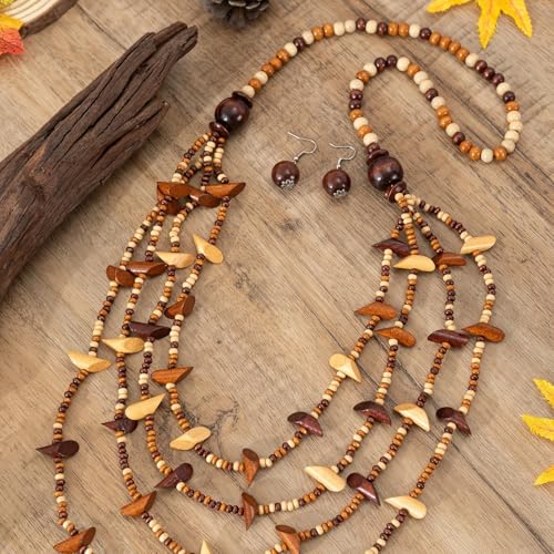 Colorful Ethnic Wooden Earrings Round Statement Dangle Earrings Multilayered Geometric Beaded Bracelet Necklace Set for Women Exaggerated Tribal Jewelry - color: Mixed Color C