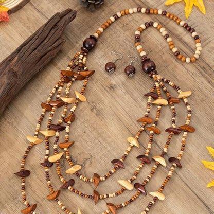 Colorful Ethnic Wooden Earrings Round Statement Dangle Earrings Multilayered Geometric Beaded Bracelet Necklace Set for Women Exaggerated Tribal Jewelry - color: Mixed Color C