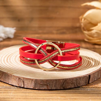 xuzhiyuan Bohemian Leather Cuff Bracelet Multi-Layer Wrap with Circle Accent Bracelet Boho Braided Bracelet Jewelry Gift for Women - color: Red