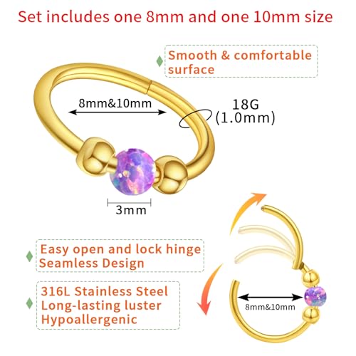 Thiswhyimbeauty 2PCS 18g Opal Nose Rings for Women Nose Hoops 8mm/10mm Hypoallergenic 316L Surgical Steel Nose Rings Piercing Jewelry Can Be Used as a Nose Ring, Septum Ring, and Cartilage Earring - color: A-Gold Purple opal