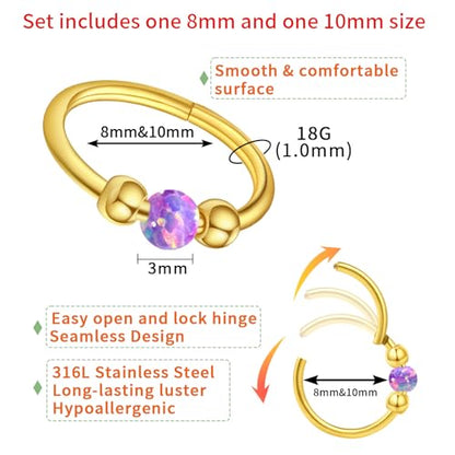 Thiswhyimbeauty 2PCS 18g Opal Nose Rings for Women Nose Hoops 8mm/10mm Hypoallergenic 316L Surgical Steel Nose Rings Piercing Jewelry Can Be Used as a Nose Ring, Septum Ring, and Cartilage Earring - color: A-Gold Purple opal