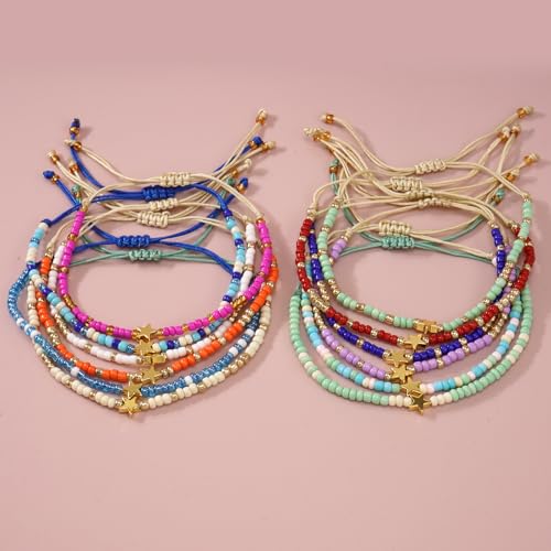 Colorful Stackable Rice Small Mini Seed Beaded Bracelets Set For Women, Handmade Dainty Boho Gold Glass Stretch Accessories Jewelry,Summer Beach Party Daily Friendship Gift - color: 12Pcs Star