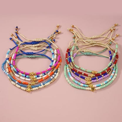 Colorful Stackable Rice Small Mini Seed Beaded Bracelets Set For Women, Handmade Dainty Boho Gold Glass Stretch Accessories Jewelry,Summer Beach Party Daily Friendship Gift - color: 12Pcs Star