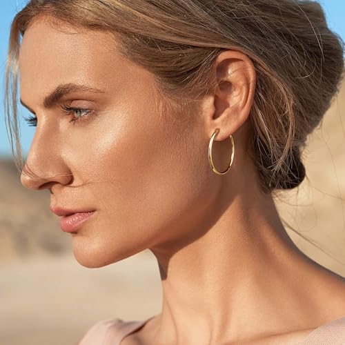Gold Hoop Earrings for Women 14K Gold Plated | 925 Sterling Silver Post Hypoallergenic Hoop Earrings - color: Gold, size: 30mm