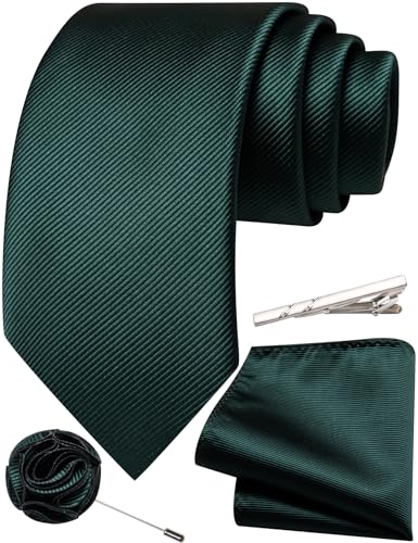 Solid Color Tie and Pocket Square with Tie Clip Lapel Pin Silk Formal Necktie Set Wedding Formal - color: Dark Green