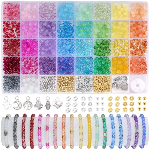Funtopia Glass Beads for Bracelets 6mm, 1396pcs Bracelet Making Kit | 34 Colors Glass Beads for Jewelry Making, Crystal Beads for Bracelets DIY Crafts with Spacer Beads and Charms - color: #6 Multicolored Variations, size: 6mm