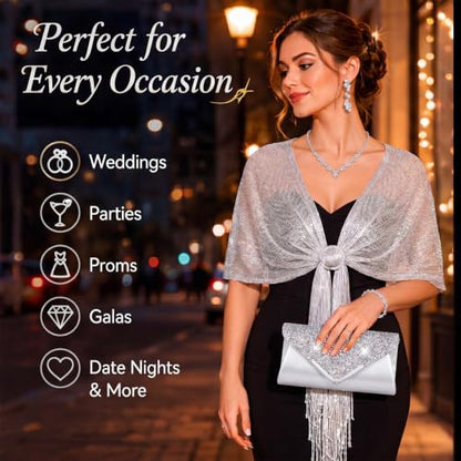 Tiamon 5 Pcs Rhinestone Jewelry Sets Shawls and Wraps Formal Clutch Purses for Women Evening Dresses Weddings Engagement - style: Delicate