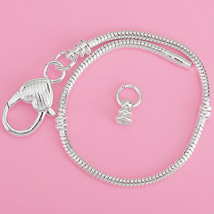 RUBYCA 5pcs White Silver Plated Heart Lobster European Snake Chain Bracelet fit Charm Beads 8.7" - color: 5pcs, size: 22 CM