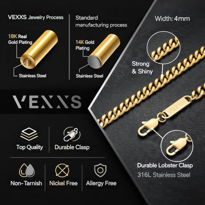 VEXXS Men's Gold Chain,18K Real Gold Filled Cuban Link Chains, 316L Stainless Steel Durable No Color Fading 3mm 4mm 6mm Men’s Necklace Chain Urban Fashion Street Wear Gift for Men Women - size: 20 inches, style: 4mm-18K Gold