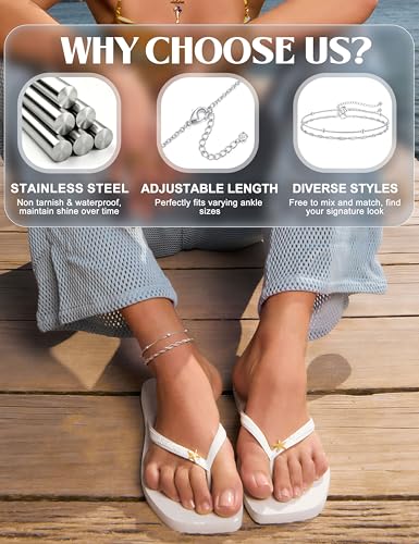 Subiceto Ankle Bracelets for Women Waterproof - 14K Gold Plated Non Tarnish Anklets Set Dainty Stainless Steel Stackable Layered for Beach Summer Jewelry Adjustable - color: 2Pcs-Silver