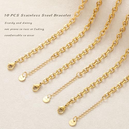 10 PCS Bracelets for Women Stainless Steel Chain Link Bracelet Set | 6.7 Inches with Extender, Jewelry Gifts for DIY, Chains Bulk, Oval, Curb, Figaro Chains, 18K Gold Plated, Silver, Chunky - color: Curb Gold