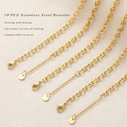 10 PCS Bracelets for Women Stainless Steel Chain Link Bracelet Set | 6.7 Inches with Extender, Jewelry Gifts for DIY, Chains Bulk, Oval, Curb, Figaro Chains, 18K Gold Plated, Silver, Chunky - color: Curb Gold