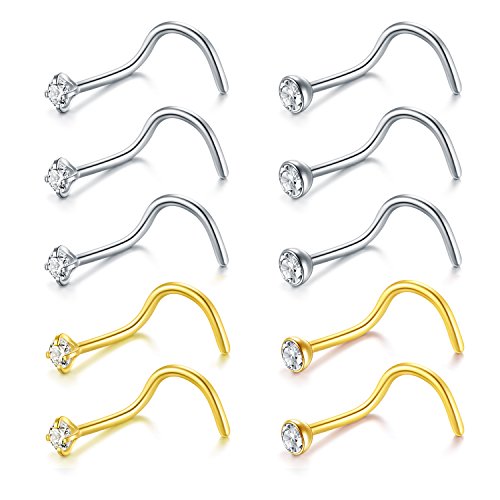 Briana Williams Nose Studs Nose Rings for Women 18G 20G Corkscrew Nose Ring Stainless Steel Nose Screw Studs Nose Rings Studs Surgical Steel Nostril Nose Piercing Jewelry - color: A -20g, silver & gold