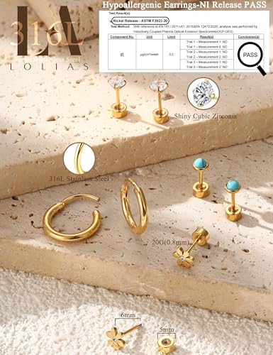 LOLIAS 21 Paris Stainless Surgical Steel Flat Back Earrings Hypoallergenic | 20G Cartilage Earring Stacks,Screw Back Nap Flatback Stud Earrings for Sensitive Ears Women,Earring Set,Pack Piercing Jewelry - color: 14K Gold-plated