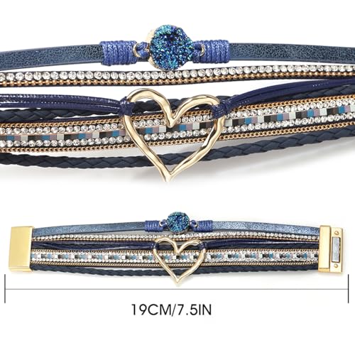 Suyi Multilayer Leather Wrap Bracelet Heart-Shape Wide Bracelets for Women - color: Blue