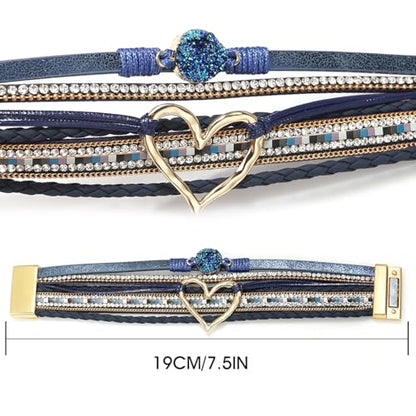 Suyi Multilayer Leather Wrap Bracelet Heart-Shape Wide Bracelets for Women - color: Blue