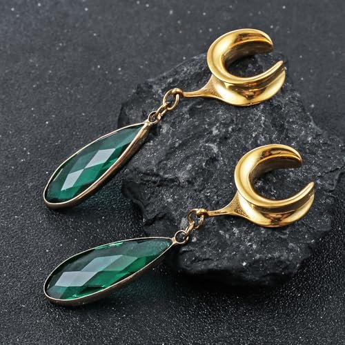 1 Pair Saddle Gauges Earring with Green Crystal Stone Ear Dangle Plugs Tunnels 00G 6mm-25mm (0G-1") Body Piercing Jewelry - color: Gold-1569, size: 19 mm