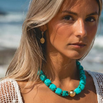 Chunky Colorful Beaded Choker Necklace for Women, Summer Beach Statement Resin Beads Necklace, Trendy Womens Summer Beach Jewelry Birthday Gifts for Vacation Holiday - color: Square Turquoise Bead